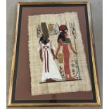 A large gilt framed Egyptian hand painted papyrus of Isis and Nefertiti. Frame size approx. 87.5cm x