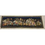 A large Asian hand painted silk panel depicting a wedding march with elephants. Gilt floral design