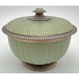 A late Victorian French green opaline glass lidded bowl with silver mount, circa 1900. Gilt to