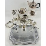 A box of assorted vintage silver plated items to include 3 piece matching tea set, Mappin & Webb