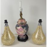 A pair of modern gold coloured crackle glaze mosaic style pear shaped table/bedside lamps.