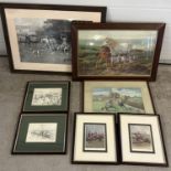 7 framed and glazed prints of hunting scenes and horses. largest frame size approx. 54cm x 75cm