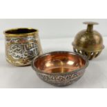 3 vintage ethnic metalware items to include brass Cairo ware bowl with silver and copper overlay and