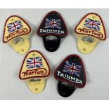 5 cast metal wall hanging bottle openers with painted Norton and Triumph motorcycles logos.