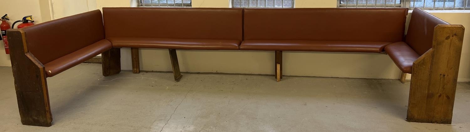 A large corner bench seat as taken from a local pub, originally made from antique pews. Covered in - Image 2 of 6