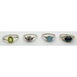 4 silver stone set dress rings, all stamped inside band. Sizes NÂ½, O and OÂ½.