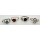 4 silver stone set rings - 2 stamped 925, 2 unmarked. Sizes NÂ½, O & P.
