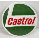 A circular shaped Castrol painted wall plaque, in red, green and white. Approx. 25cm diameter.