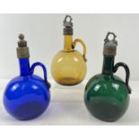 3 Victorian coloured glass wine flasks/flagons. Bristol blue, green and amber glass, all with shaped