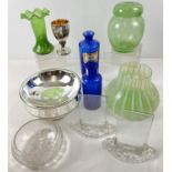 A collection of antique and vintage coloured and clear glass items. To include 2 Bristol blue