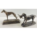 2 bronzed effect cast iron figures of dogs, a retriever and a greyhound. Largest approx. 17.5cm tall