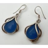 A pair of modern design drop earrings set with blue chalcedony. Total drop approx. 3.5cm. Silver