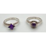 2 silver purple stone set stacking rings by Truth. Silver marks and Makers name to inside of band.