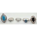 5 silver and white metal stone set dress rings on varying styles and conditions. To include a