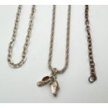 2 silver necklaces together with a silver bracelet. A 15 inch flat link belcher chain with spring