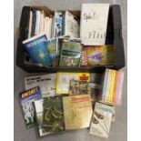 A box of hardback and paperback books relating to birds, wildlife, comedy and dowsing. To include