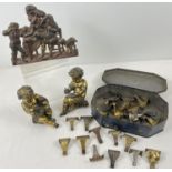 A collection of vintage metal ware items. 2 brass cherubs depicting philosophy and literacy, a