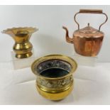 3 antique metal ware items. A copper teapot, a brass spittoon and a brass planter with embossed rose