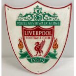 A large painted cast iron shield shaped Liverpool Football Club wall plaque. In red, green, white