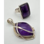 Two pieces of silver and amethyst jewellery. A modern design large square cut amethyst stone set