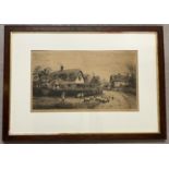 An antique framed and glazed Fred Slocombe engraving of a shepherd & sheep in a rural village scene.