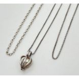 2 silver chains together with a silver pendant necklace. A 16 inch box chain with spring clasp, an