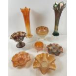 8 pieces of vintage Carnival/iridescent glass, in varying colours and designs. To include 2 long
