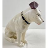 A large painted cast iron money bank of the HMV dog. Approx. 25.5cm tall and weighs approx. 4.5kg.