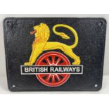 A painted cast iron wall plaque for British Railways with lion emblem. Approx. 22cm x 28.5cm.