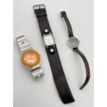 3 ladies wristwatches. A quartz watch by Mini with brown leather strap, a stainless steel strap