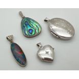 4 silver pendants. An oval locket with star engraved detail to front, an opalite oval shaped