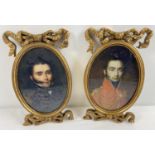 A pair of gilt framed portraits of Military men in ornamental oval frames with bow detail. Each