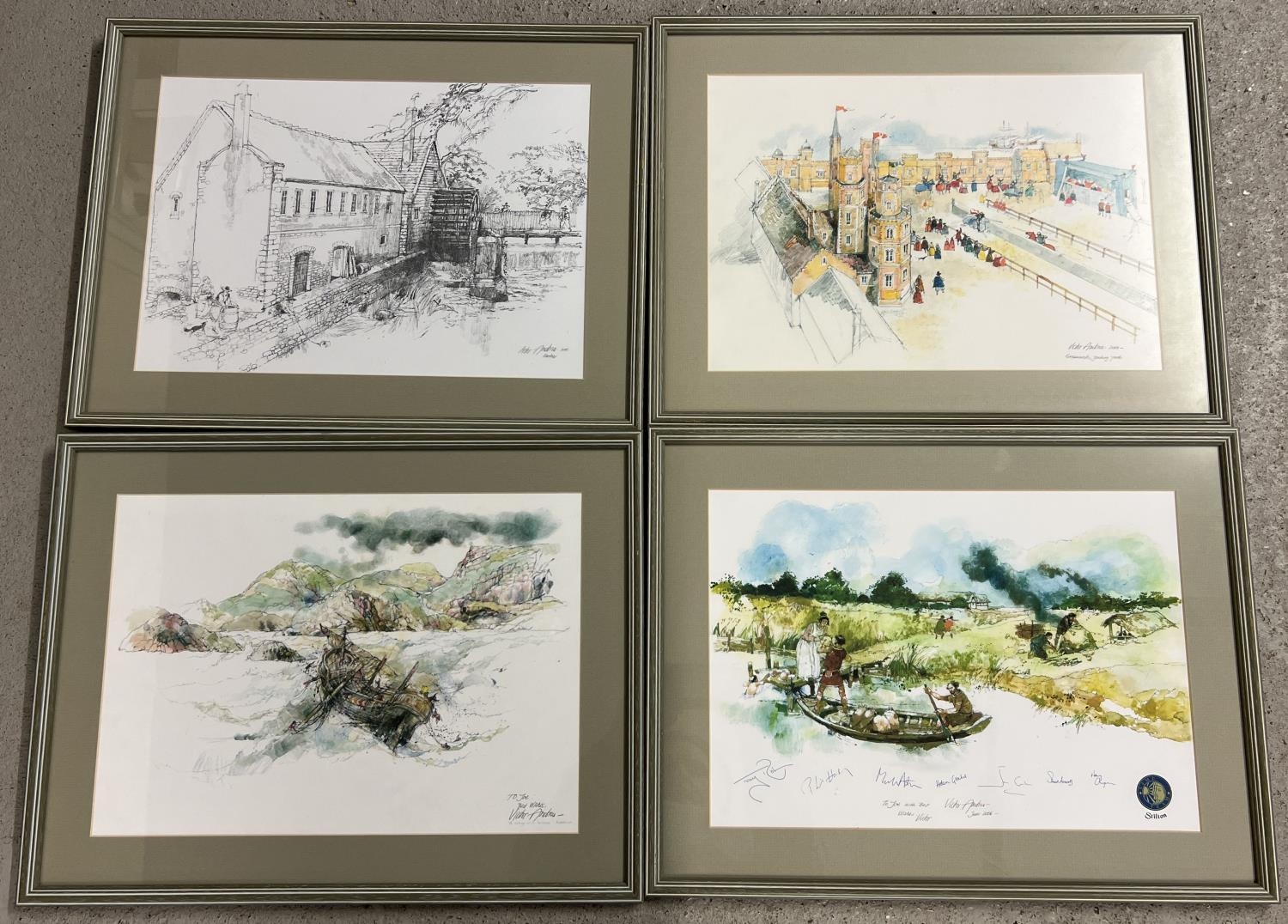 10 framed and glazed prints depicting artist impressions of sites excavated by the TV programme "