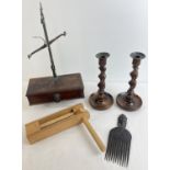 A collection of vintage wooden items to include a pair of barley twist candlesticks, antique Avery