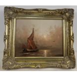 A small gilt framed oil on board of a sailing boat on peaceful water at sunset. Indistinct signature