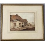 A framed and glazed 19th century English school watercolour painting of women outside a thatched