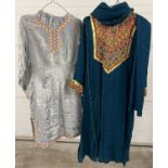 2 ethnic tunic suits. Grey sateen with leaf embroidery throughout tunic and trousers together with a