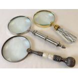 3 large magnifying glasses to include faceted glass handle and metal handle set with pearl. Glass