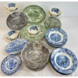 A box of assorted vintage table ware and mixed ceramics with printed scenic patterns. To include: