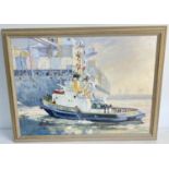 A framed Oil on canvas of a motor tug "Deben" working in Felixstowe docks by I. M. Plant 1991.