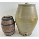 2 stoneware barrels. A large barrel with light coloured glaze (approx. 42cm tall) together with a