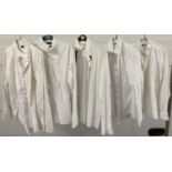 5 men's vintage white dress shirts. Some with pleated design fronts and some with patterned