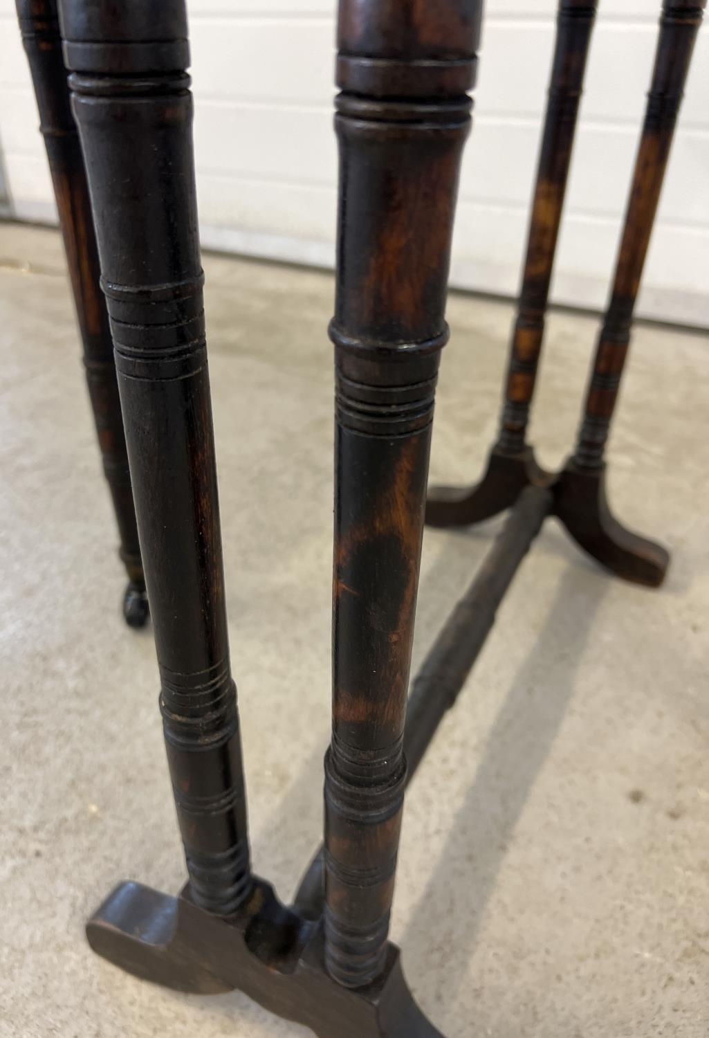 A small antique dark wood Sutherland style drop leaf table with turned detail to legs. Gateleg - Image 3 of 4