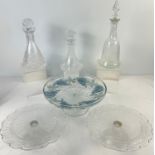 3 vintage clear glass decanters together with 3 glass cake stands with pedestal bases. To include
