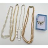 A collection of 5 vintage necklaces to include faux pearls, clear glass beads and a silver fixed