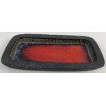 A vintage Tusbo Danish studio pottery rectangular shaped dish with red glaze inner bowl. Named to