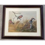 Peter R Holmes watercolour depicting a partridge and 2 bullfinches. Signed under mount. In dark wood