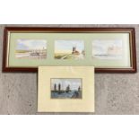 3 signed Norfolk prints by Ron Brooks together with a mounted postcard of Gorleston from 1928. Local