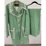 A mens 1970's green linen blend longline jacket and flared trouser suit by Campus size 42. Checked