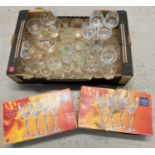 A box of assorted vintage stemmed glassware together with 2 boxed sets of 4 French crystal red
